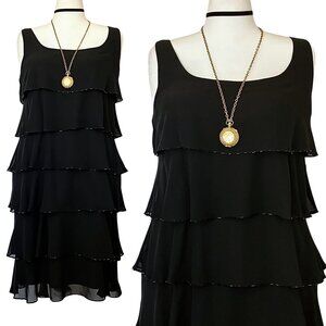 NWT Patra Black Tiered Beaded Midi Flapper Dress Sz 14 Large Party Cocktail Prom
